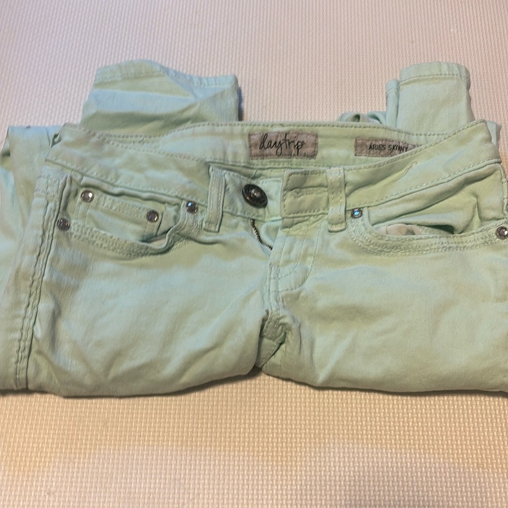 Mint green jeans with crystal detail